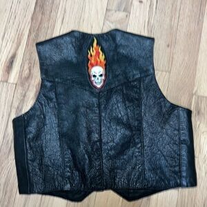 Vintage Genuine Leather Kids XL Biker Vest w/Awesome flaming skull on back